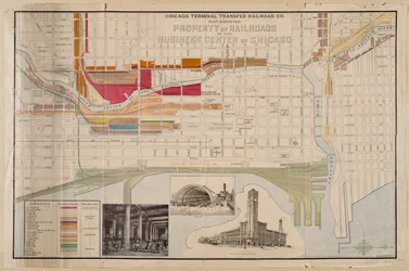 Mappa della Chicago Terminal Transfer Railroad Co. che mostra le proprietà delle ferrovie nel centro affaristico di Chicago, c.1898