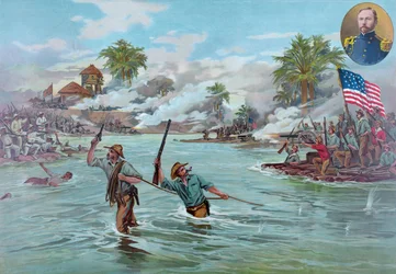 Col. Funston e i 20th Kansas Volunteers attraversano il fiume a Calumpit, 26 aprile 1899, pub. 1899