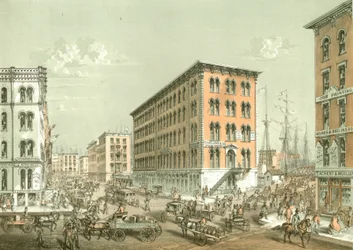 Angolo di Clark e South Water Street, da Chicago Illustrated, con descrizioni letterarie di James W. Sheahan, pubblicato da Jevne & Almini, Chicago