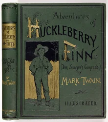 Copertina di Le avventure di Huckleberry Finn di Mark Twain (1835-1910) prima edizione americana, pubblicata da Charles L. Webster, 1885