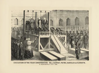 Esecuzione dei quattro cospiratori: Mrs Surrat, Payne, Harold e Atzerith a Washington DC, 7 luglio 1865, pub. 1865