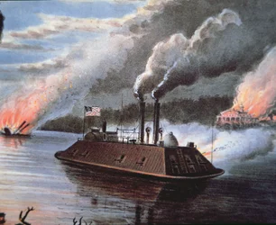 Nave corazzata federale sul Mississippi che bombarda il territorio nemico