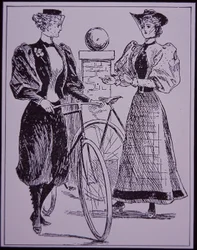 Costume da ciclismo femminile, che mostra una ragazza in pantaloni alla zuava, New York, USA