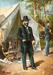 Generale Ulysses S. Grant davanti alla sua tenda durante la guerra civile americana, pub. 1892