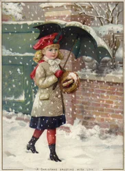 Ragazza con ombrello sotto una nevicata