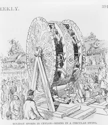 Sport Festivi a Ceylon, cavalcando una ruota circolare, c.1893