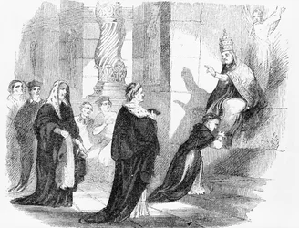 Illustrazione da un opuscolo anti-cattolico che mostra un prete che bacia le vesti del Papa