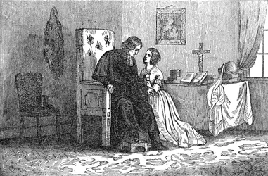Illustrazione da un opuscolo anti-cattolico che mostra una giovane donna sedotta da un prete