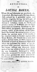 Pagina introduttiva di Le avventure di Louisa Baker stampata da Luther Wales, New York, 1815