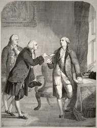 John Adams (1735-1826) come primo ambasciatore americano alla corte inglese, presenta le sue credenziali a Re Giorgio III (1738-1820)