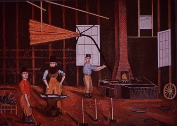 John Mohler Studebaker (al centro), costruttore di carri tedesco-americano in officina, c.1858