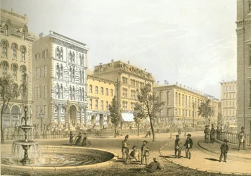 LaSalle Street da Courthouse Square, da Chicago Illustrated, con descrizioni letterarie di James W. Sheahan, pubblicato da Jevne & Almini, Chicago