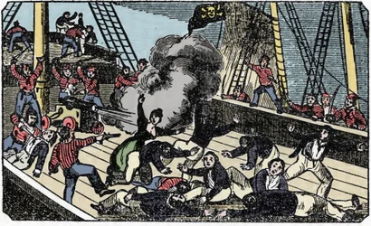 La morte del pirata gentiluomo Jean Lafitte (1780-1826), incisione di The pirate own book 1837.