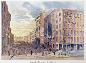 Vista di Broad Street da Wall nel 1873, illustrazione da Old New York, ieri e oggi di Henry Collins Brown, 1922