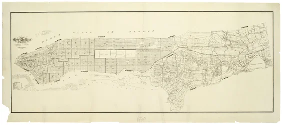 Mappa della città di New York, realizzata sotto la direzione dei Commissari del Dipartimento dei Vigili del Fuoco Metropolitano, che mostra la posizione degli edifici in possesso e uso del Dipartimento dei Vigili del Fuoco Metropolitano e del Dipartimento 
