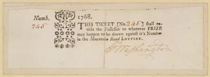 Biglietto della lotteria Mountain Road, firmato da George Washington (1732-99) 1768