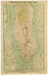 Nuova mappa della città di New York dagli ultimi sondaggi che mostra tutti i traghetti e i moli delle navi a vapore, elevati, metropolitane elettriche e linee di tram trasversali