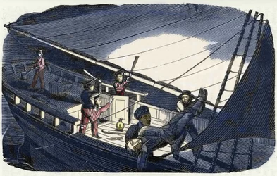 Il pirata Charles Gibbs (inizio XIX secolo) uccide il capitano Thornby e lo getta in mare. Incisione di "The pirate own book" 1837.