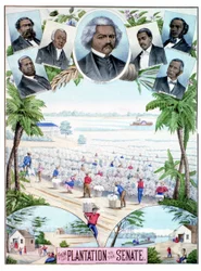 Piantagioni nel Senato: illustrazione che raffigura lavoratori neri nelle piantagioni di cotone e senatori neri negli Stati Uniti meridionali.