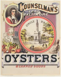 Poster pubblicitario per le Ostriche e i Prodotti in Scatola Counselmans Lord Baltimore Circle Brand