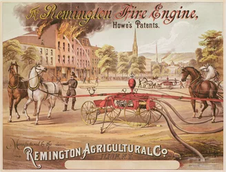 Poster pubblicitario per la Remington Fire Engine prodotta dalla Remington Agricultural Company, c.1890