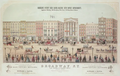 Poster di una veduta di Broadway, da Anthony a Franklin Street, pubblicità della Robinsons Patent Hand Sewing Machine, 1855