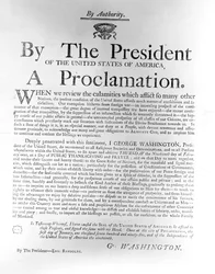 Proclamazione del presidente George Washington (1732-99) che stabilisce giovedì 19 febbraio come giorno di ringraziamento pubblico e preghiera, 1795