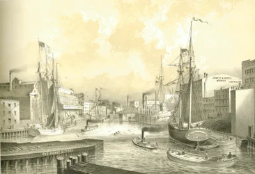 Ponte di Rush Street, vista da State Street, da Chicago Illustrated, con descrizioni letterarie di James W. Sheahan, pubblicato da Jevne & Almini, Chicago