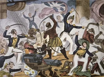 Marinai della Royal Navy che abbordano una nave pirata algerina, c.1820