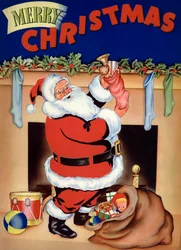 Babbo Natale riempie le calze di giocattoli la vigilia di Natale