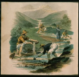 Scena sul ramo del Sacramento nel 1597, illustrazione da California, its past history, its present position, its future prospects di G.A. Fleming, 1850