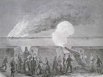 Assedio di Charleston, la città in fiamme sotto bombardamento, 3 gennaio 1864, da Harper