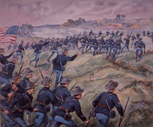 Guerra ispano-americana 1898, le truppe statunitensi assaltano le alture di San Juan a Cuba (litografia a colori)