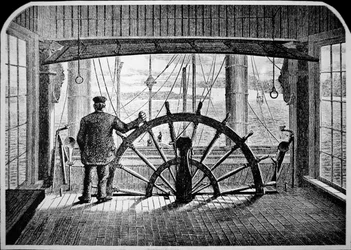 Pilota di battello a vapore nella cabina di pilotaggio, c.1870