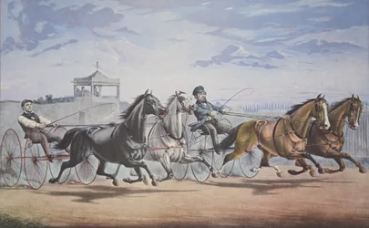 Stella e Alice Grey - Lanterna e Balena, Passando lo stand (Nella loro grande gara in doppio tiro sul Union Course L.I. 5 giugno 1855), pub. 1855, Currier & Ives