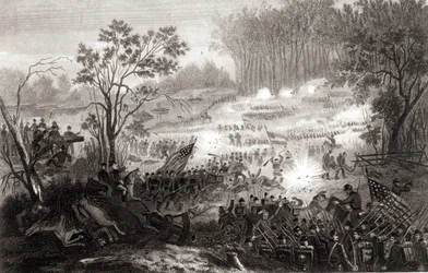 La battaglia di Pittsburg Landing, inciso da H. B. Hall, 1862