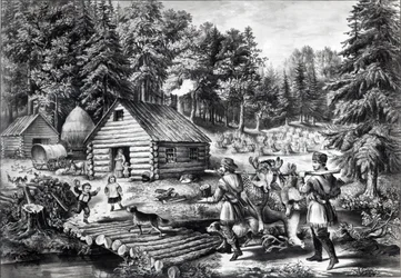 La casa del pioniere sulla frontiera occidentale, pub. da Currier e Ives