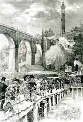 Turisti che tornano al loro piroscafo sul fiume Harlem, con il Ponte Alto a sinistra, inciso da W.A Rogers per Harper