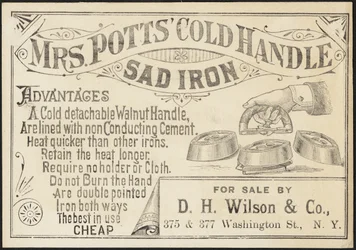 Carta commerciale per il ferro da stiro a manico freddo di Mrs. Potts, c.1870-1900