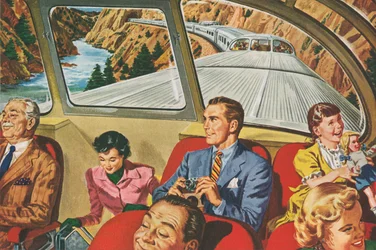 Viaggiatori che si godono un viaggio in treno futuristico