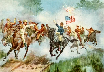 I Rough Riders degli Stati Uniti che assaltano un avamposto spagnolo a Cuba durante la guerra ispano-americana, 1898
