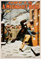 Poster vintage di ragazzi che lanciano palle di neve a un uomo, 1890-99