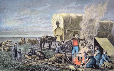 Emigranti in carro verso ovest (incisione colorata)