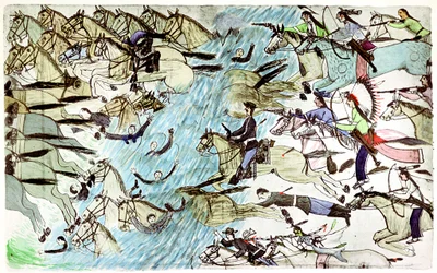 Cavalleria americana in ritirata attraverso un fiume inseguita da guerrieri nativi americani, c1900