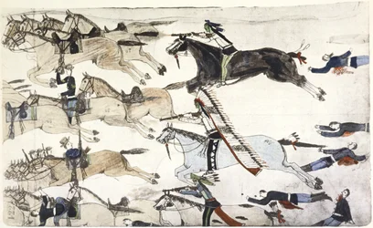 Battaglia di Little Big Horn 25-26 giugno 1876. Ritirata dei battaglioni del 7° Cavalleggeri USA al comando del maggiore Marcus Reno. Dipinto di Amos Bad Heart Buffalo (Sioux), 1900 ca.