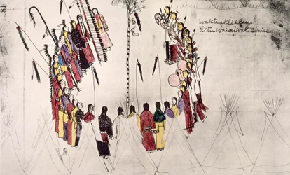 Danza del cuoio capelluto o danza della vittoria (inchiostro su carta)