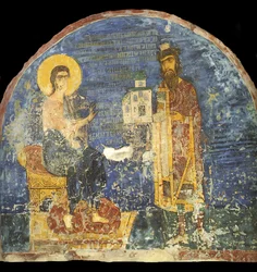 Gran Principe Yaroslav II Vsevolodovich con modello della Chiesa di Nereditsa davanti a Cristo, 12° secolo