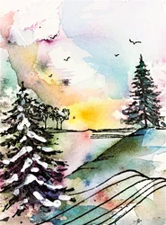 Tramonto tra i pini innevati