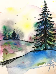 Alba in una foresta dai colori vivaci