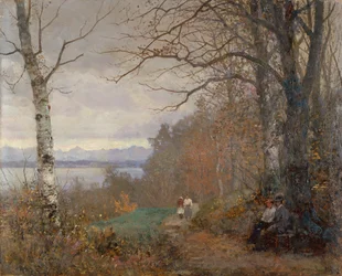Paesaggio lacustre boscoso con figure sedute su una panchina (olio su tela)